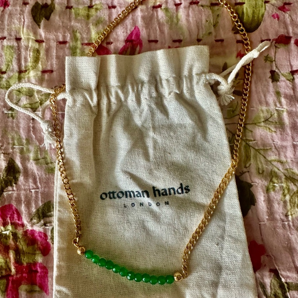 Ottoman Hands Gold Chain Necklace with Green Beads
